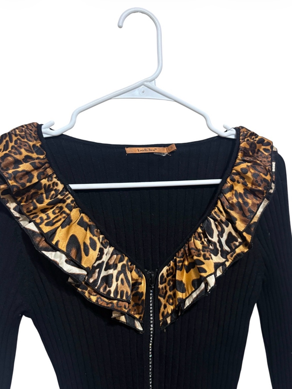 Belldini Black Ribbed Zip Cardigan with Leopard Ruffle Trim - Picture 4 of 6